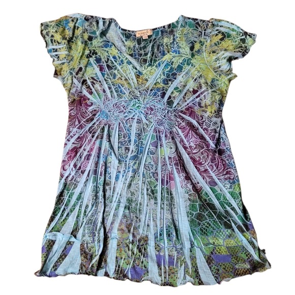 ONE WORLD Dresses & Skirts - One World Dress Womens L Large Blue Paisley Short Sleeve Embroidered Midi